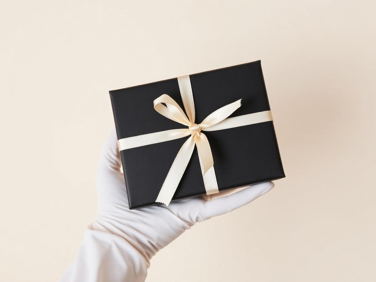 A gloved hand holding a matte black gift box tied with cream ribbon